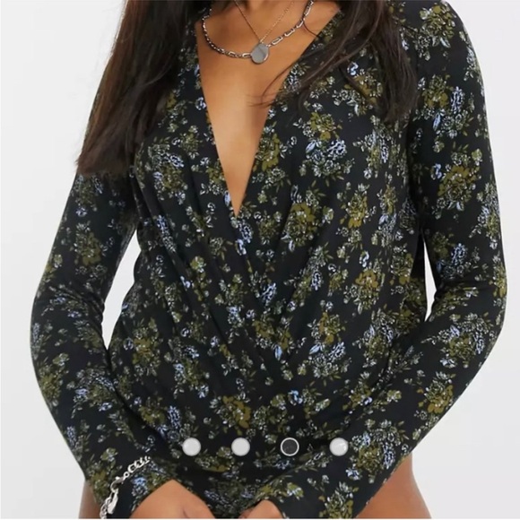 Free People Turnt Bodysuit Top V-neck Night Combo Floral Black Khaki Green L - Picture 7 of 16